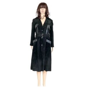 Vintage Danaya Black Suede Leather Mid-Length Belted Trench Coat Size XS